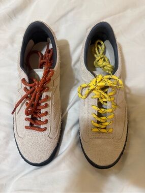 New Balance Gator Run Stone Suede Sneakers with Yellow and Orange Speckled Laces